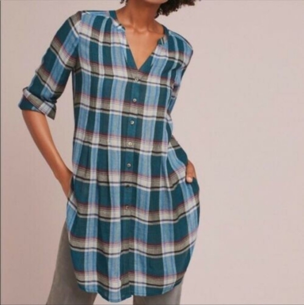 Akemi + Kin Anthro T-shirt Button Up Plaid Tunic Women's Small S Blue V-Neck EUC